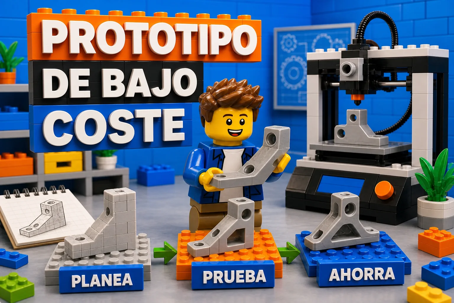 Escena comercial de fabricación de prototipos de bajo coste con técnico, versiones de una pieza e impresora 3D