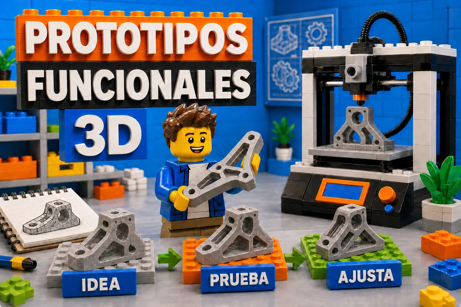 Escena comercial de prototipado funcional con técnico, soporte mecánico e impresora 3D