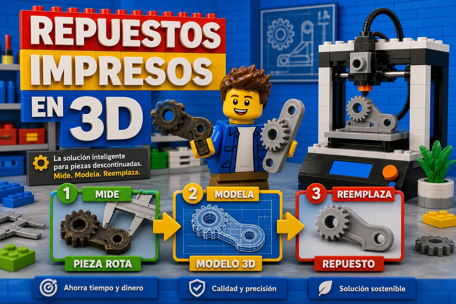 Escena comercial con técnico, pieza rota, modelo digital y repuesto impreso en 3D